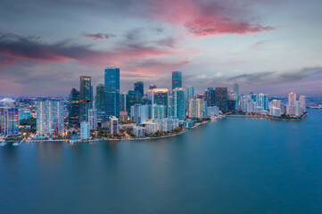 Sunset over the Brickell Miami skyline in Florida - obrazy, fototapety, plakaty