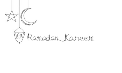 Continuous line drawing of ramadan kareem calligraphy with lantern, moon and star, islamic decoration, object one line, single line art, vector illustration - obrazy, fototapety, plakaty