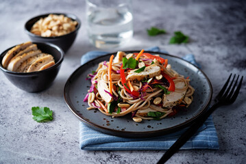 Warm backwheat pasta chicken vegetables salad with peanuts