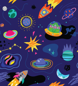 Space and planets seamless pattern. Vector illustration