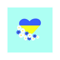 Heart in the colors of the Ukrainian flag.Flowers on a blou backgraund.Heart and flowers.
