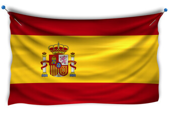 Official flag of Spain. Patriotic symbol, banner, element, background. The right colors. Wavy flag of Spain with really detailed fabric texture, exact size, illustration, 3D, pin