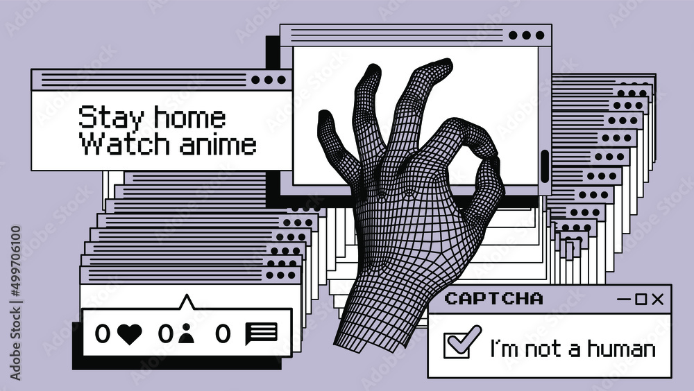 Poster 3d vector illustration of a low-poly hand and collage of user interface elements.
