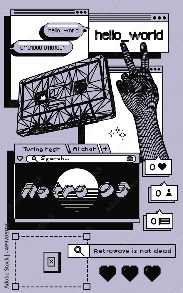 Poster 3D vector illustration of a low-poly hand and Collage of user interface elements.