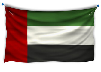 Obraz premium Official flag of United Arab Emir. Patriotic symbol, banner, element, background. The right colors. Wavy flag of United Arab Emir with really detailed fabric texture, exact size, illustration, 3D, pin