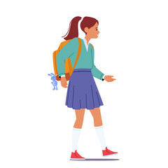 Cute School Girl with Backpack Walk to College Isolated on White Background. Female Teen wear Uniform and Rucksack