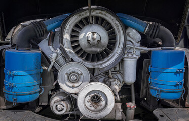 Close-up to old, renovated truck engine
