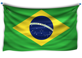 The official flag of Brazil. Patriotic symbol, banner, element, background. The right colors. Brazil wavy flag with really detailed fabric texture, exact size, illustration, 3D, pinned