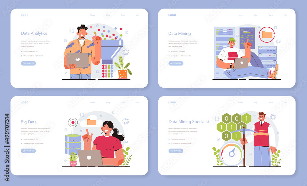 Poster big data web banner or landing page set. mining and analyzing
