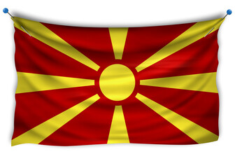 The official flag of Macedonia. Patriotic symbol, banner, element, background. The right colors. Macedonia wavy flag with really detailed fabric texture, exact size, illustration, 3D, pinned