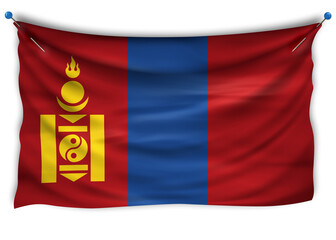 The official flag of Mongolia. Patriotic symbol, banner, element, background. The right colors. Mongolia wavy flag with really detailed fabric texture, exact size, illustration, 3D, pinned