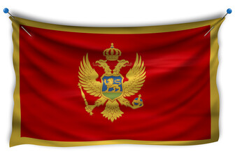The official flag of Montenegro. Patriotic symbol, banner, element, background. The right colors. Montenegro wavy flag with really detailed fabric texture, exact size, illustration, 3D, pinned