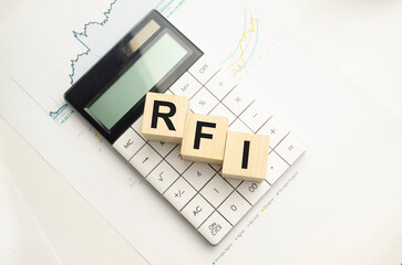 A wooden block with the word RFI Request for information written on it on a white background. Business concept