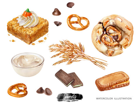 Sweet desserts watercolor isolated on white background. Cookies, pretzel, chocolate drops, caramel biscuits cookie, chocolate, wheat