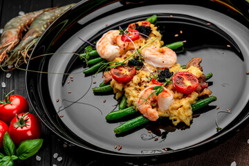 Omelet with shrimp, caviar and grilled tomatoes on a bed of green beans and bacon