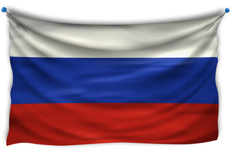 Official flag Russia. Patriotic symbol, banner, element, background. The right colors. Wavy flag with really detailed fabric texture, exact size, illustration, 3D, pinned, pin