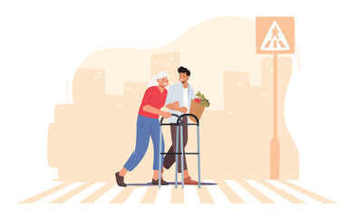 City Dweller Male Character Cross Road with Elderly Lady. Man Help Senior Woman with Walking Frame Crossing Street