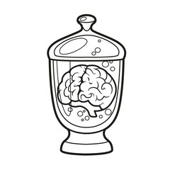 Human brain in a glass jar outlined for coloring page on white background