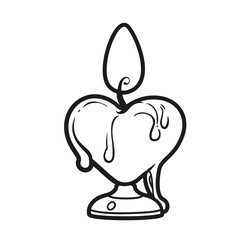 Lighted candle in the shape of a heart on a candlestick outlined for coloring page on white background