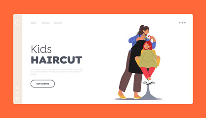 Kids Haircut Landing Page Template. Girl Visit Beauty Salon with Children Hairdresser. Master do Hairstyle for Toddler