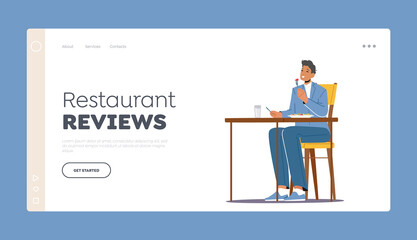 Restaurant Reviews Landing Page Template. Young Man Sitting at Table in Cafe Having Meal. Hungry Male Character Eat Food