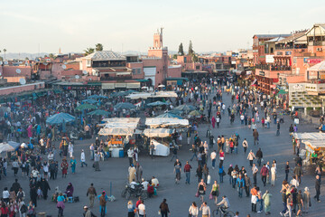 A view of food stalls in the market and public square Jema El Fna Square in Marrakech at dusk. Marrakech, Morocco