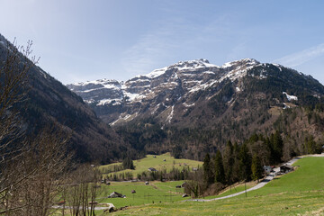 Fototapeta na wymiar Alpine scenery in the Kloental valley in Glarus in Switzerland