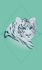 The blue tiger in green flat style with geometry elements 