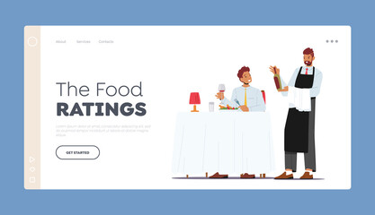 Food Ratings Landing Page Template. Young Man Sitting at Table Ordering Food and Wine in Restaurant. Waiter Bring Bottle