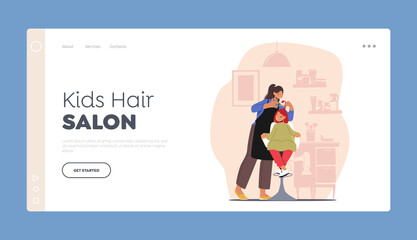 Beautician Grooming Place for Kid Landing Page Template. Young Girl Groomer Hairdresser in Beauty Salon Cut Child Hair