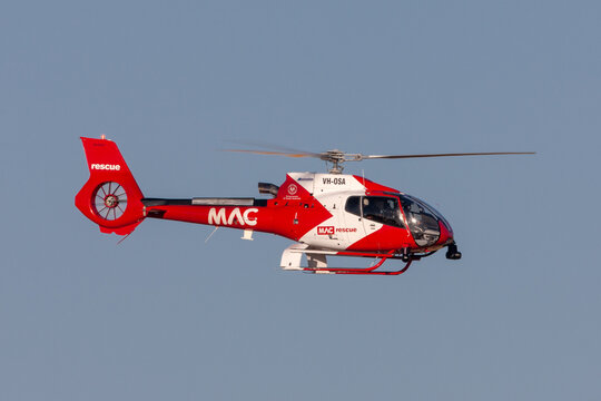 Adelaide, Australia - January 7, 2013: Motor Accident Commission (MAC) Rescue Helicopter service Eurocopter EC-130B4 Helicopter VH-OSA.