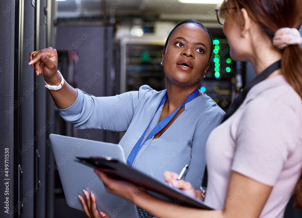 Poster We need these servers running at optimum efficiency. Cropped shot of two attractive young female computer programmers working together in a server room.