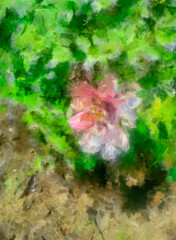 pink flower against the background of green leaves abstraction acrylic stylization under oil
