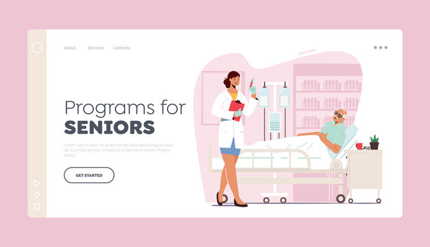 Programs for Seniors Landing Page Template. Elderly Health Care. Old Man in Hospital Room Apply Dropper, Patient in Bed