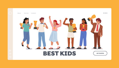 Best Kids Landing Page Template. Happy Children Celebrating Victory Success in Educational or Sports Competition