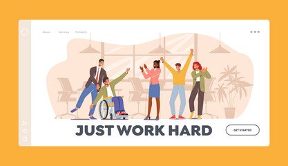Businesspeople Fun Landing Page Template. Business People Applaud to Disabled Colleague Sit at Wheelchair