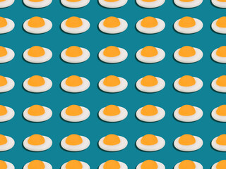 Seamless pattern with mini omelette. Illustration with fried eggs on turquoise backdrop