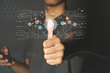 business man Fingerprint scanning and biometric authentication, cybersecurity