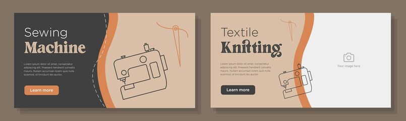 Textile sewing machine online banner template set, fabric needle knitting advertisement, horizontal ad, tailor dressmaker campaign webpage, flyer, creative brochure, isolated on background - obrazy, fototapety, plakaty