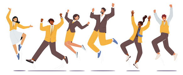 Set of Happy Office Employees Jump with Raised Arms, Characters Feel Positive Emotions, Rejoice, Victory or Success