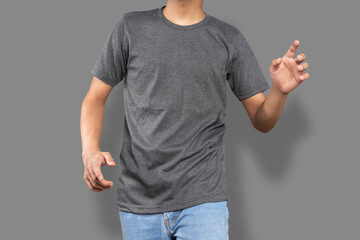 man wearing a gray casual t-shirt. Front view of a mock up template for a t-shirt design print
