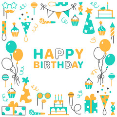Happy Birthday background. Greeting card invitation with text space. Anniversary celebration holiday event flat line design Festive graphic element birthday party cake balloon gift vector illustration