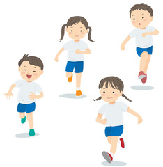Vector illustration of four children running happily