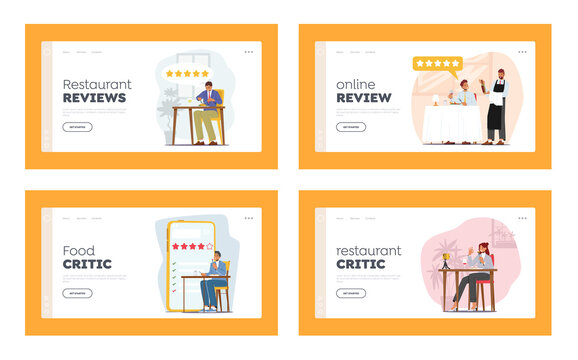 Food Critics Landing Page Template Set. Professional Writers or Bloggers Making Review and Ranking Restaurant Cuisine