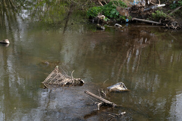 Discarded shopping trolley laying in a river