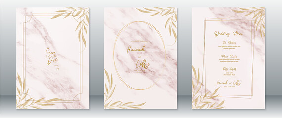 Fototapeta na wymiar Golden wedding invitation card template luxury design with gold frame and marble texture
