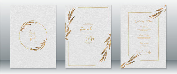 Wedding invitation card template luxury design with gold frame and nature leaf