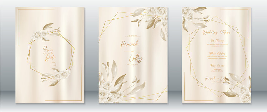 Wedding invitation card template luxury design with gold frame polygon shape and flower bouquet