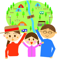 自然あふれる場所で家族でキャンプ！キャンプ場のイラスト・家族旅行・植物・テント・風景