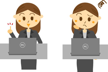 仕事の説明・案内をする指さしポーズの女性と仕事が終わらなくて困っている女性社員のイラストセット・